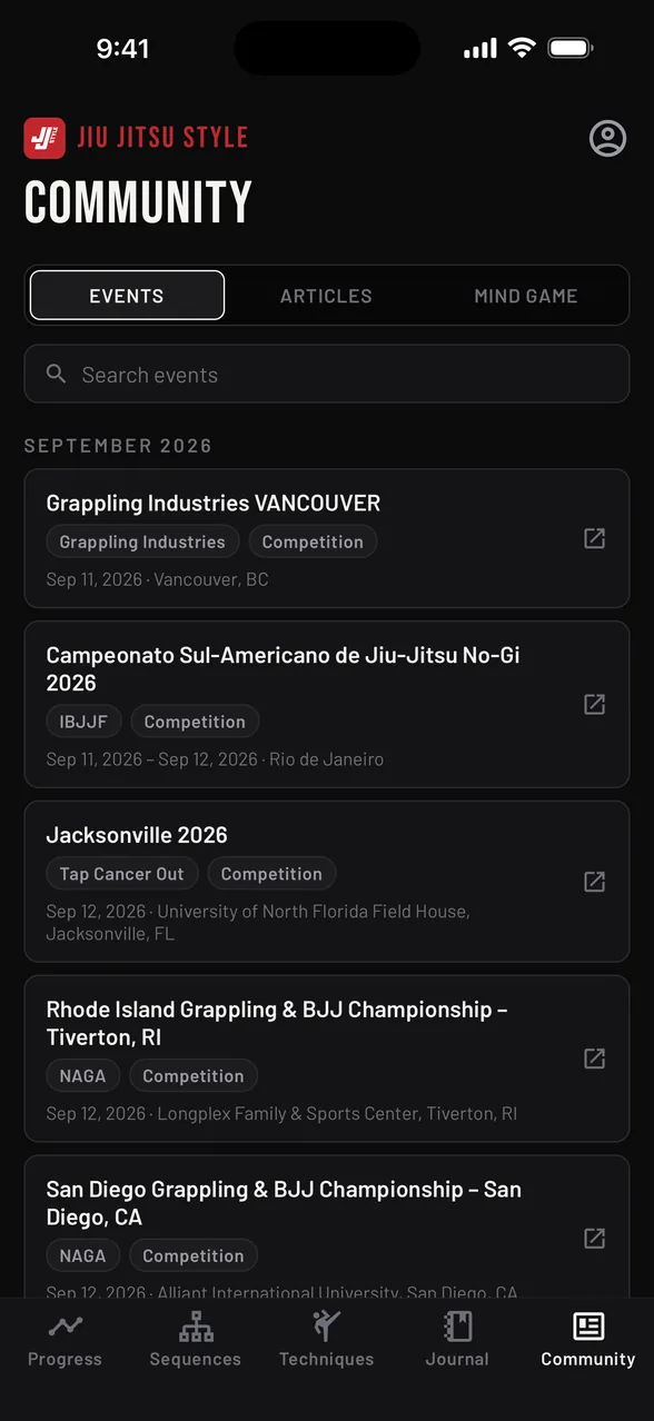 Jiu Jitsu Style — upcoming tournaments in the Community tab
