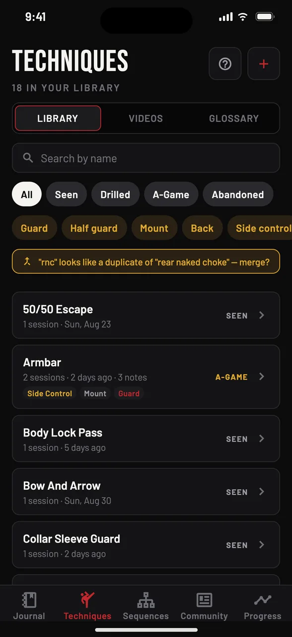 The Jiu Jitsu Style technique library on iPhone