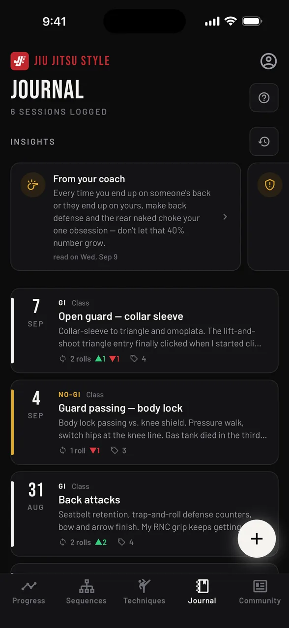 Jiu Jitsu Style — the training journal, every session logged and dated